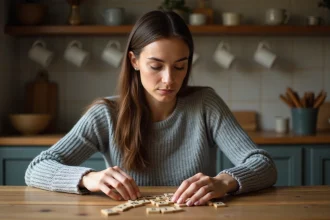 Femme arrangeant des lettres en bois sur une table pour former des anagrammes de mots