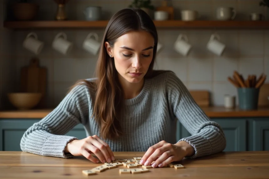 Femme arrangeant des lettres en bois sur une table pour former des anagrammes de mots