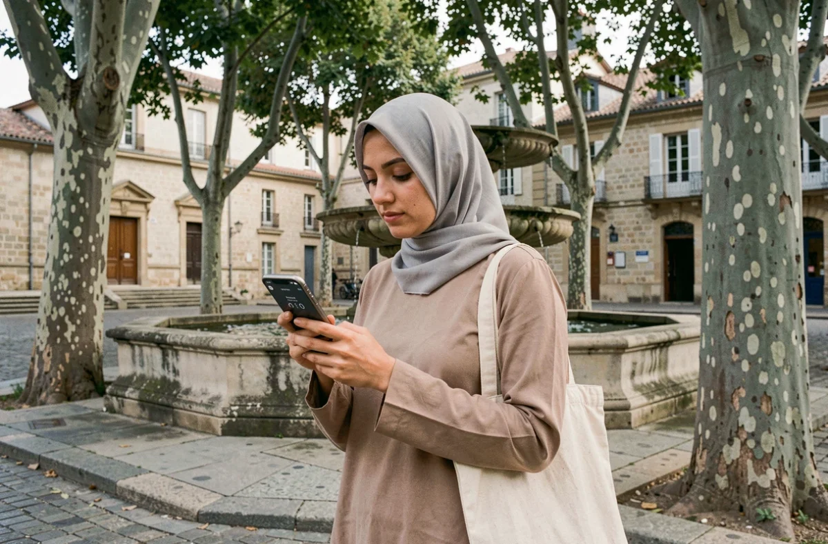 Jeune femme musulmane consultant l'application des horaires de prière sur smartphone dans une place de Béziers, pour respecter les heures du salat en 2026