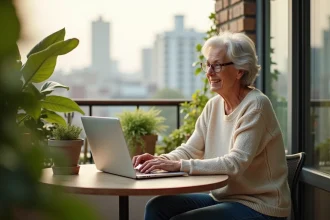 Femme détendue sur balcon avec ordinateur portable