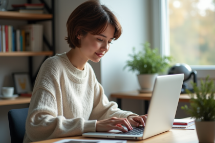 Jeune femme au bureau naviguant sur un ordinateur portable