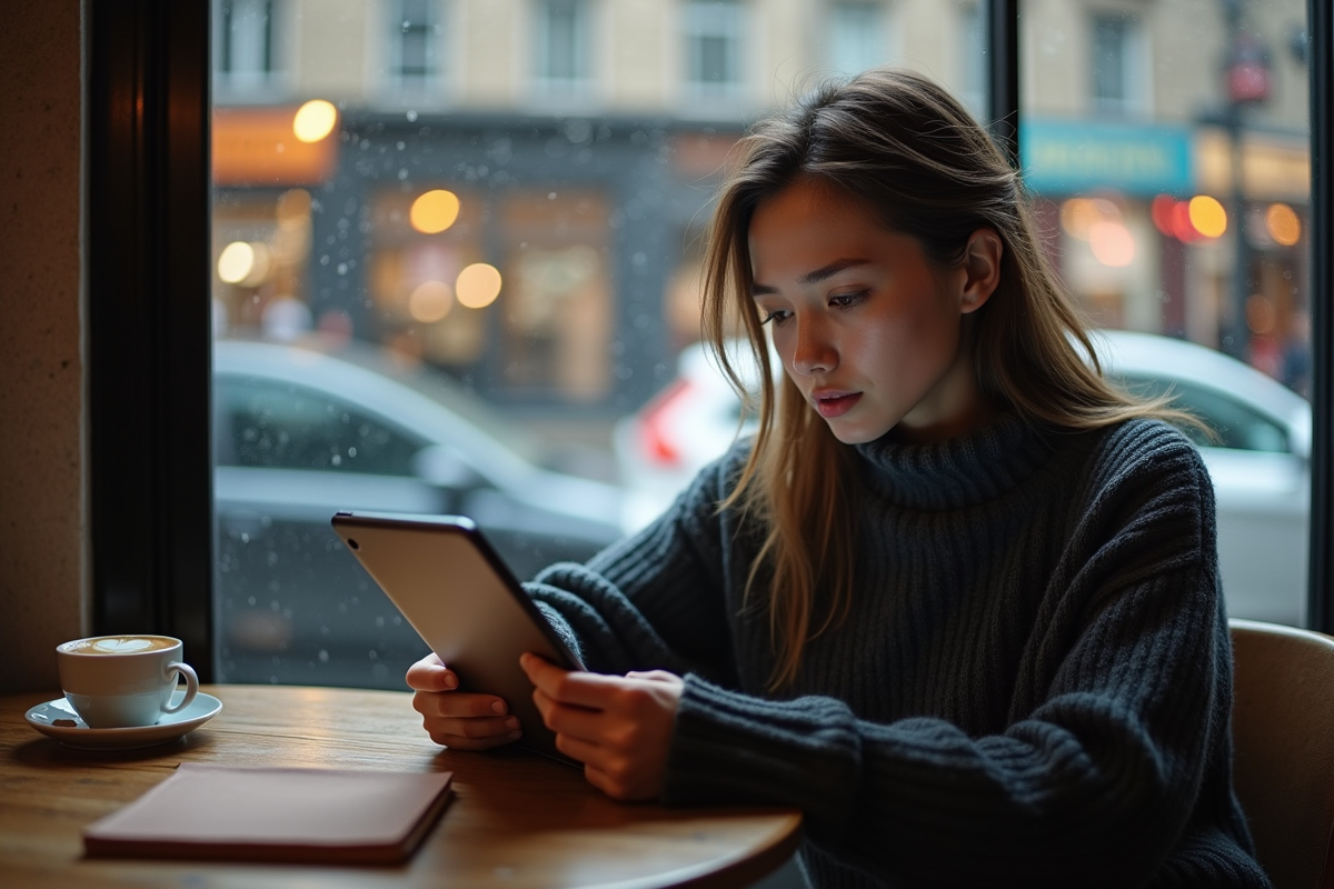 Jeune femme au café utilisant une tablette pour ses emails