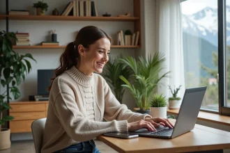 Femme souriante utilisant un calendrier interactif dans un salon lumineux