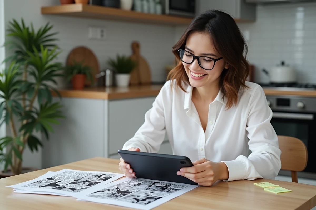 Femme comparant mangas papier et tablette dans une cuisine lumineuse