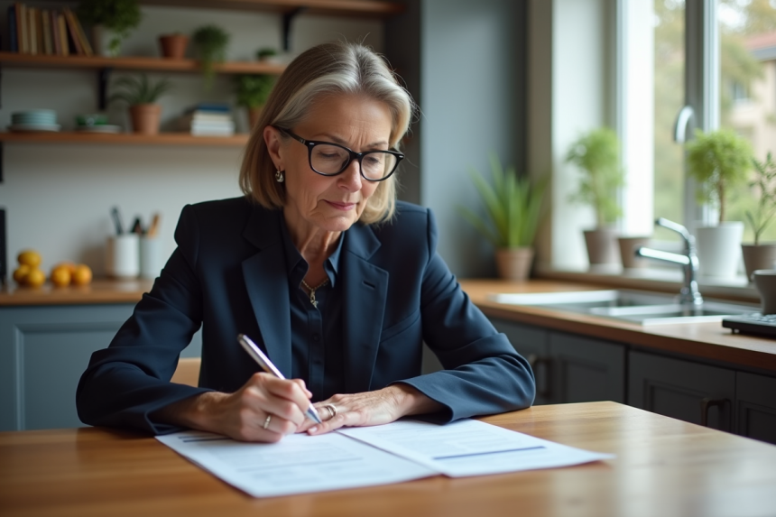 Femme d'âge moyen examine ses relevés bancaires à la maison