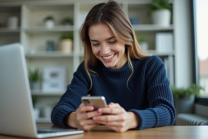 Femme consultant l'historique et les favoris d'une application de scan sur smartphone dans un bureau organisé à domicile