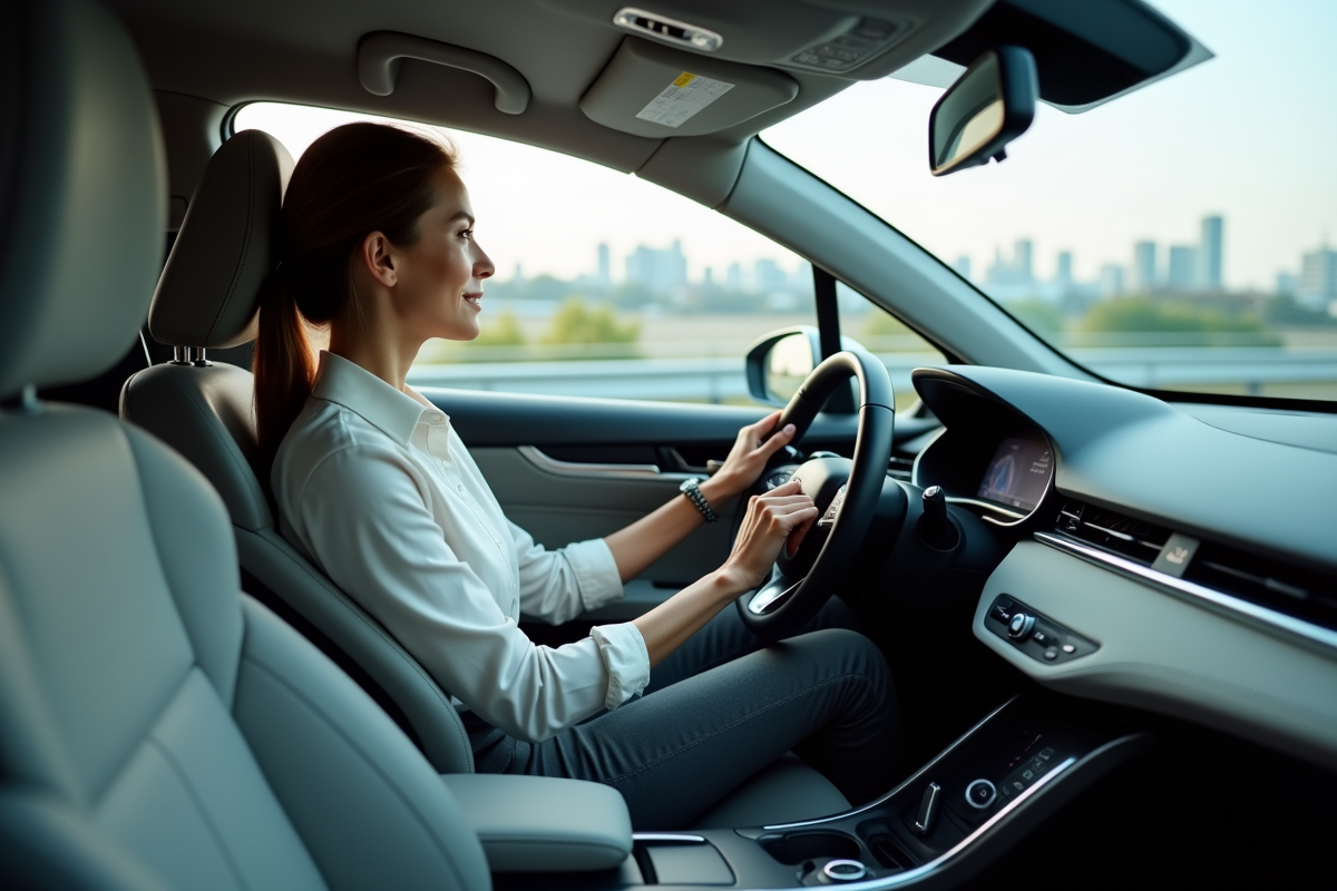 Femme vérifiant le tableau de bord dans une voiture hybride