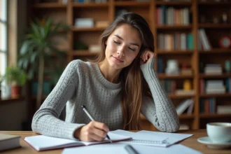 Jeune femme écrivant à la main dans un carnet ouvert pour apprendre la conjugaison du verbe envoyer au présent