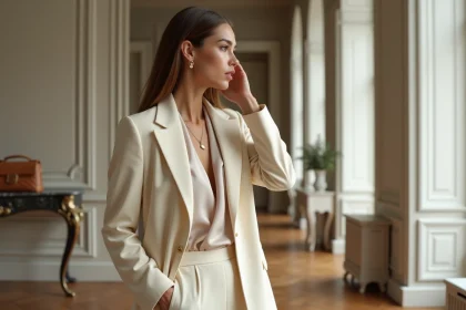 Femme élégante en blazer crème dans un appartement parisien