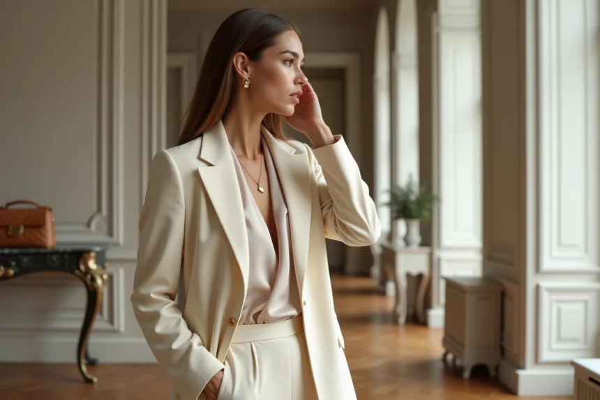 Femme élégante en blazer crème dans un appartement parisien