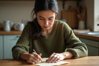 Femme qui gratte un ticket de loterie FDJ à une table en bois dans une cuisine chaleureuse