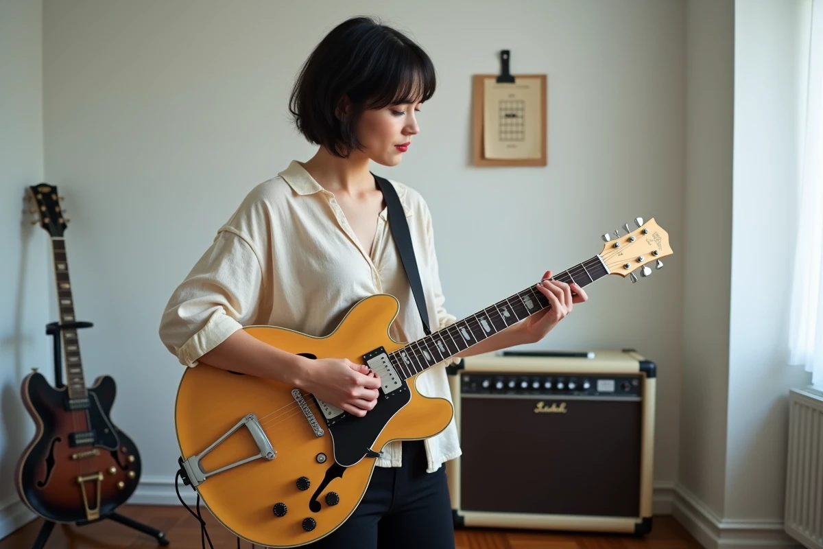 Femme guitariste apprenant les accords de guitare électrique semi-creuse dans une salle de répétition