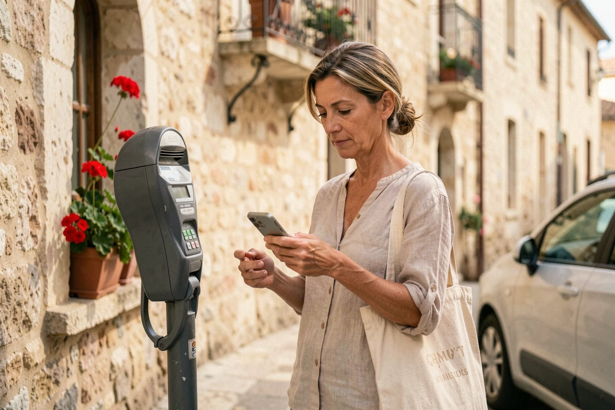 Femme payant un horodateur sur un trottoir à Aix-en-Provence avant de faire son marché