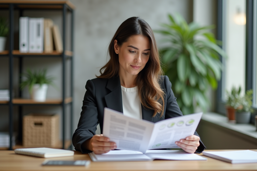 Femme en blazer examine brochures d'investissement durable