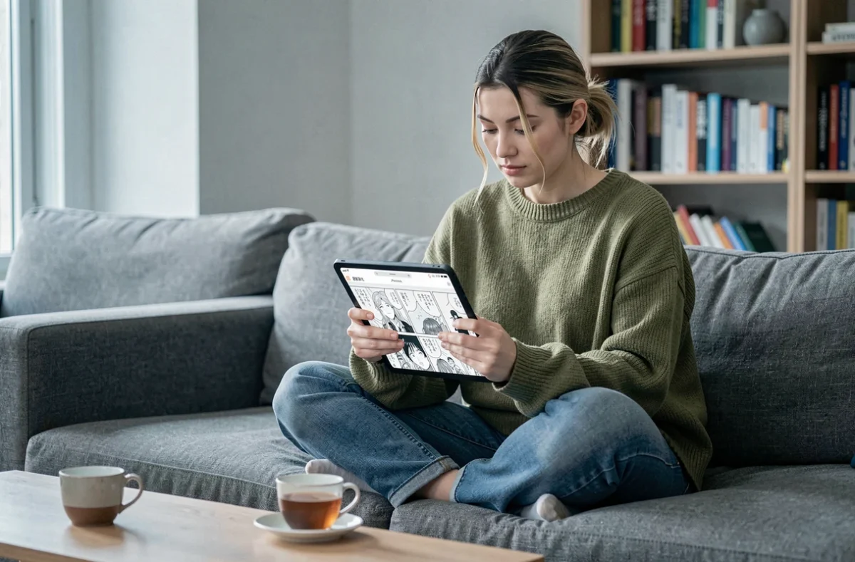 Femme lisant des scans de manga sur une tablette depuis son salon, organisant sa veille hebdomadaire One Piece
