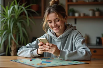 Femme jouant à Monopoly avec des dés gratuits récupérés sur smartphone en 2026