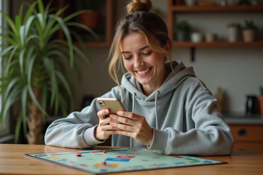 Femme jouant à Monopoly avec des dés gratuits récupérés sur smartphone en 2026