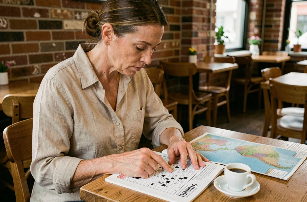 Femme résolvant des mots fléchés sur les villes péruviennes dans un café