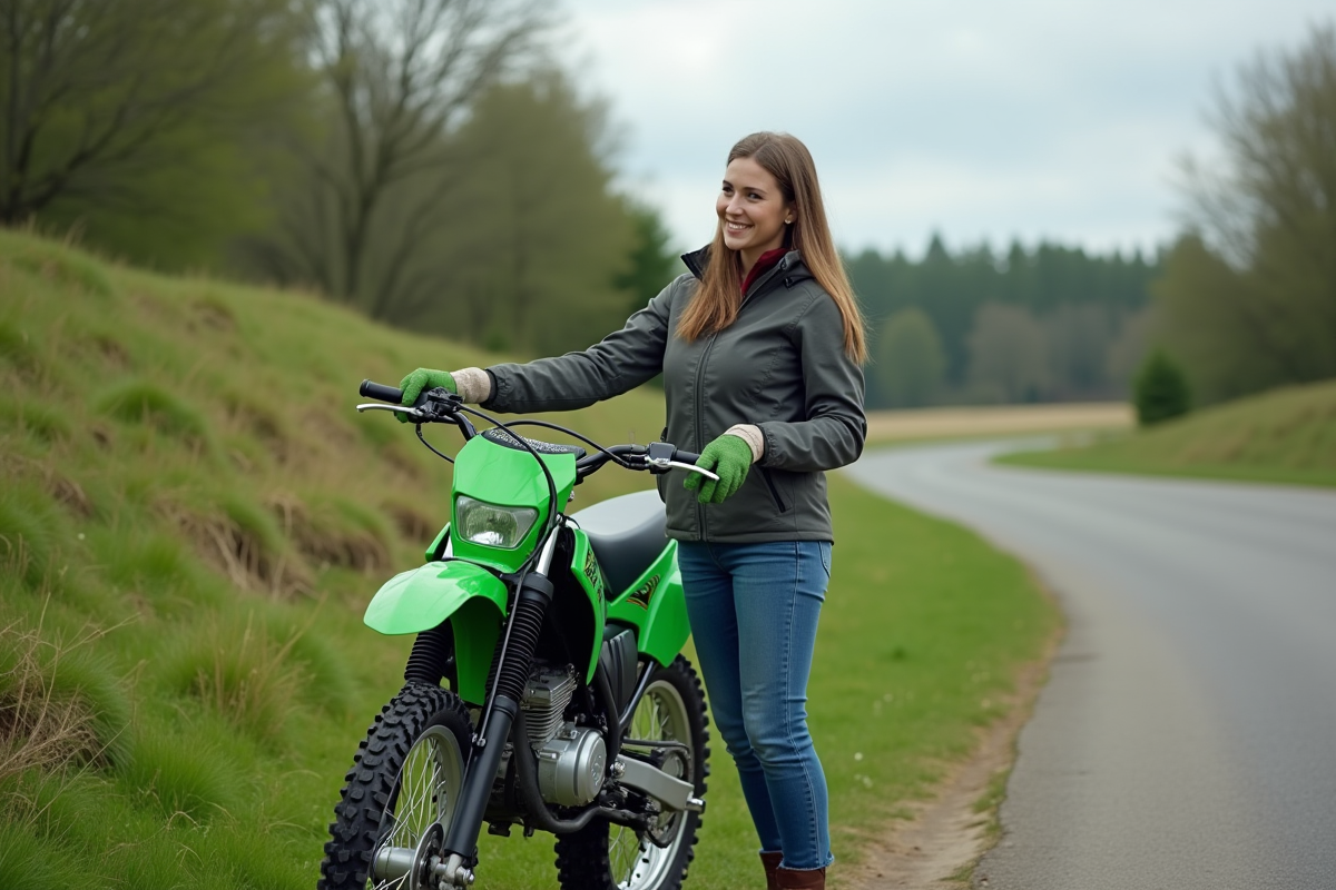Femme souriante nettoyant sa moto Kawasaki 125 en extérieur