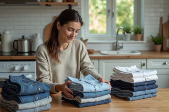Femme pliant des vêtements dans la cuisine lumineuse