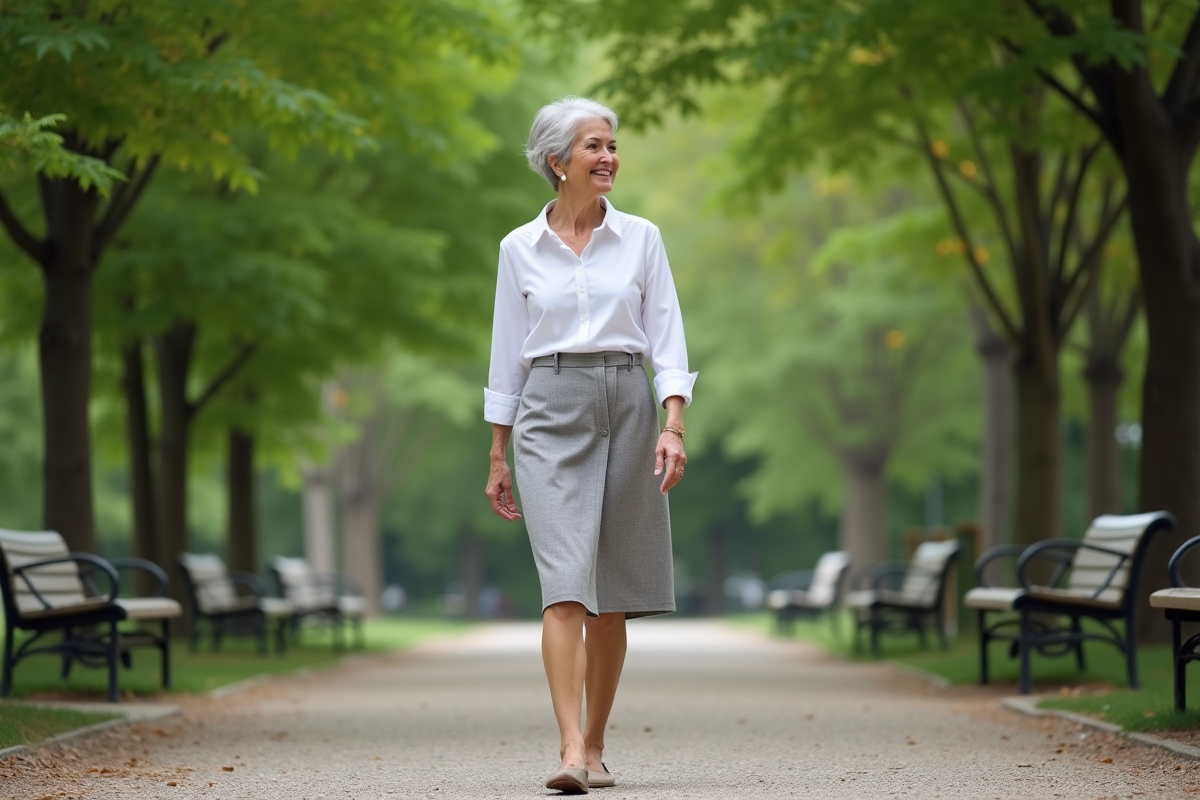 Femme confiante de 55 ans marchant dans un parc urbain