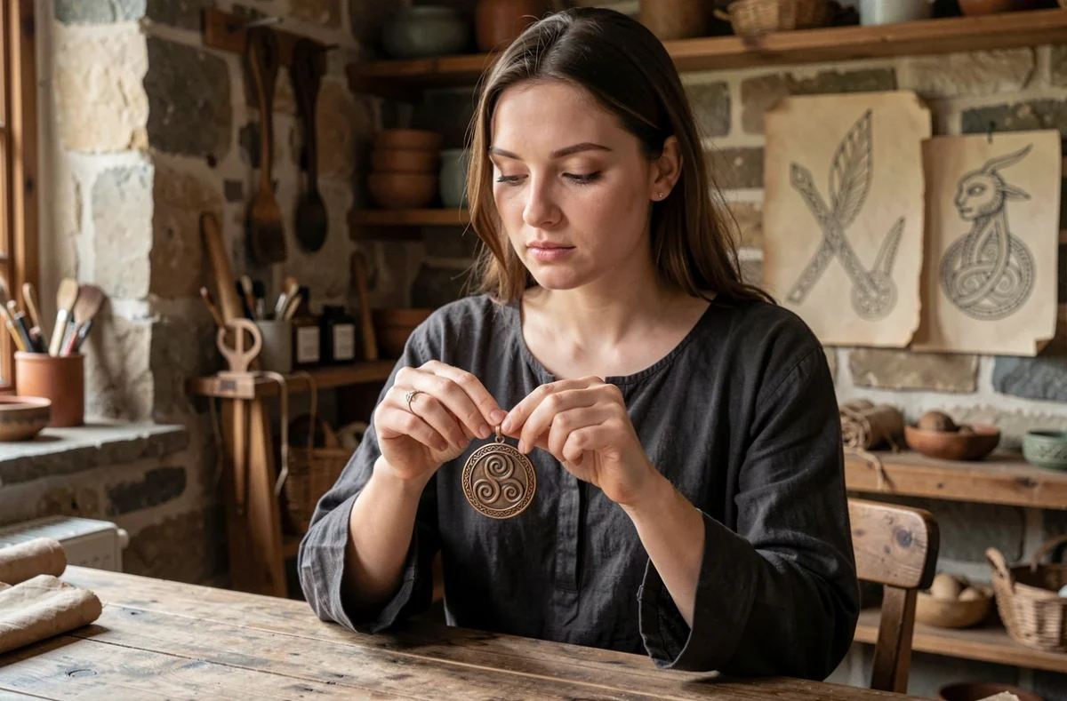 Jeune femme tenant un pendentif en bronze gravé du symbole triskèle dans un atelier artisanal celtique