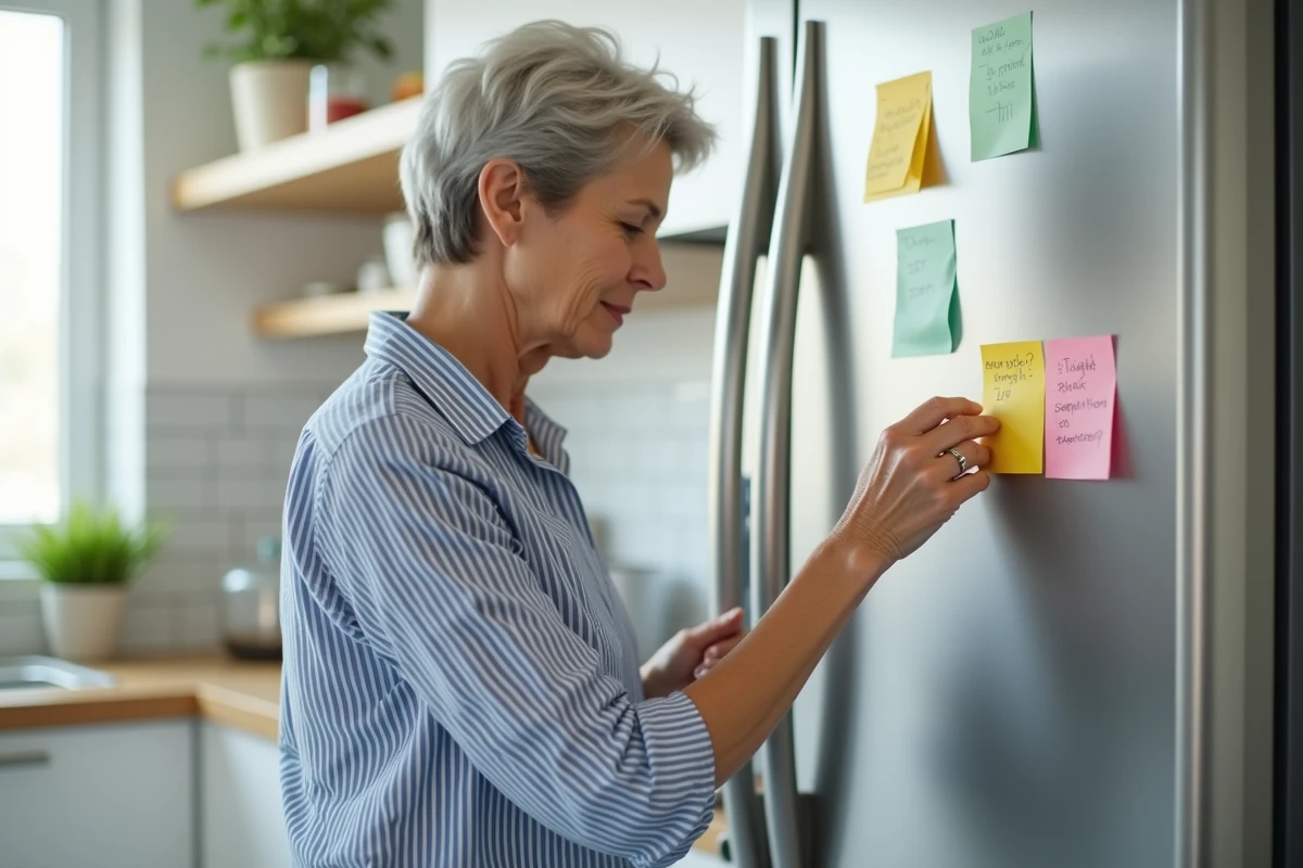 Femme lisant un pense-bête sur le réfrigérateur pour retenir la conjugaison du verbe envoyer au présent