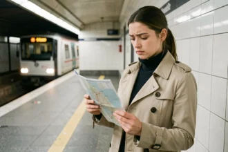 Jeune femme consultant un plan du RER D sur un quai de gare parisienne souterraine
