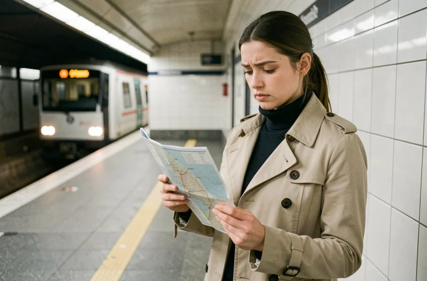 Jeune femme consultant un plan du RER D sur un quai de gare parisienne souterraine