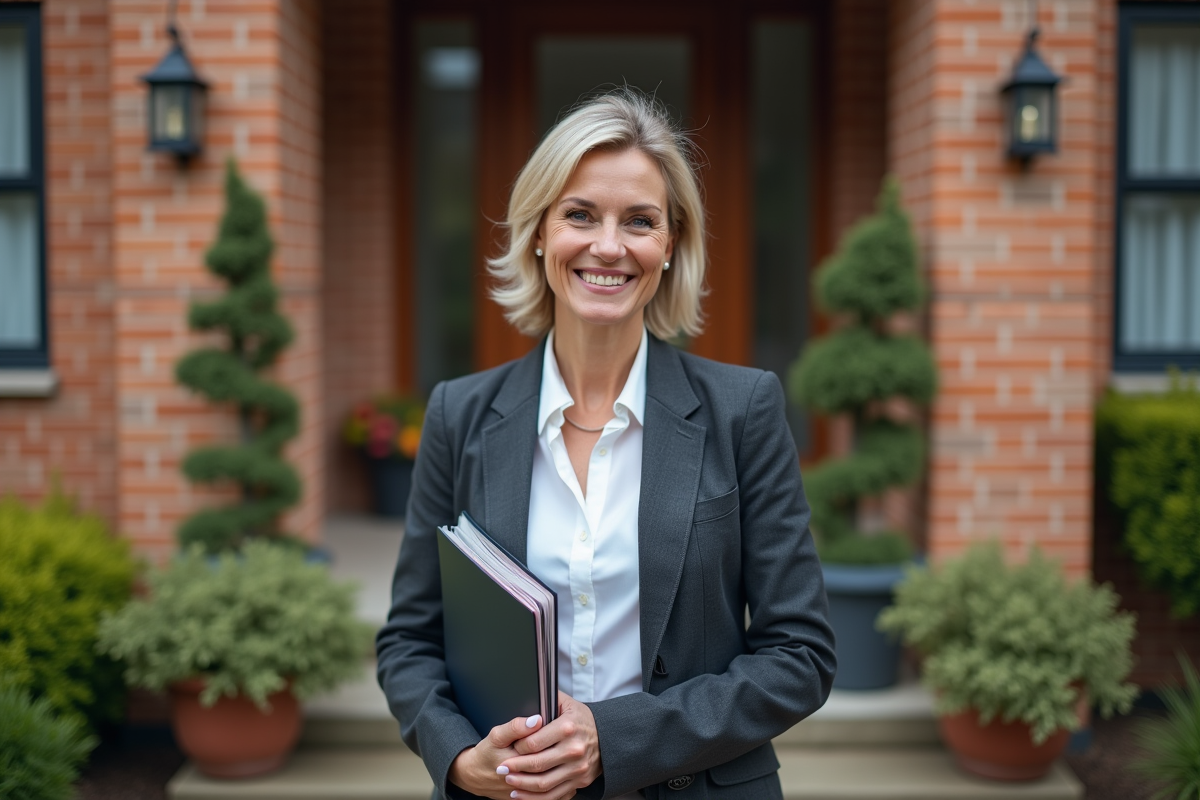 Femme professionnelle souriante devant sa maison