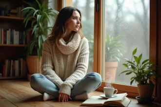 Femme contemplative dans un intérieur chaleureux