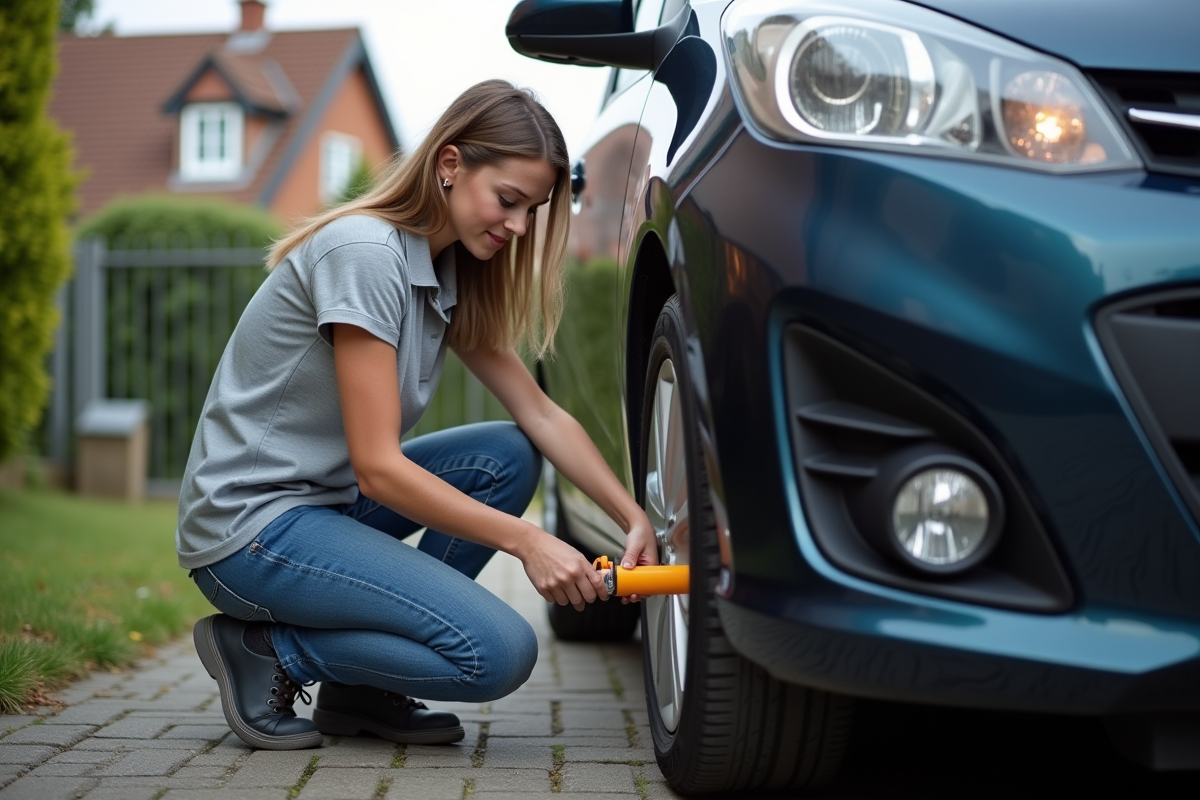 Jeune femme installant pièce suspension dans voiture