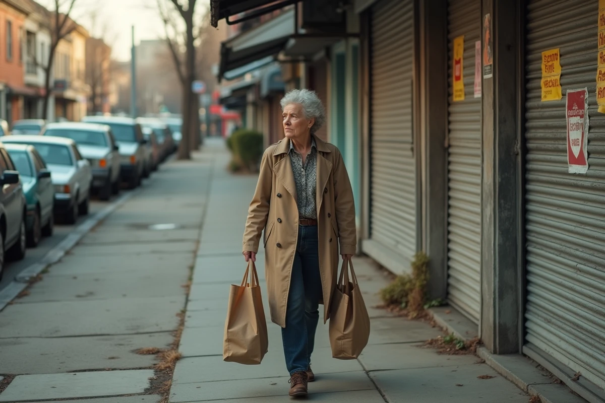 Femme traversant une rue commerciale abandonnée dans un quartier en déclin économique et social