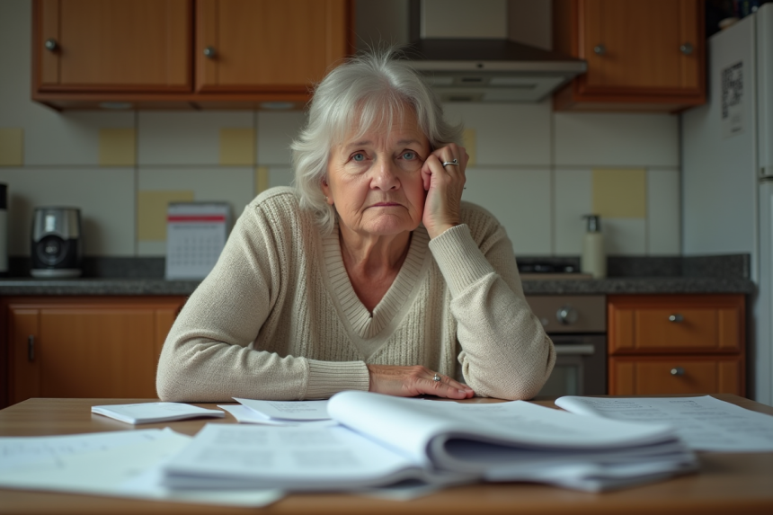 Femme assise pensivement devant ses factures impayees