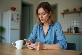 Femme dans la cuisine regarde son smartphone avec frustration