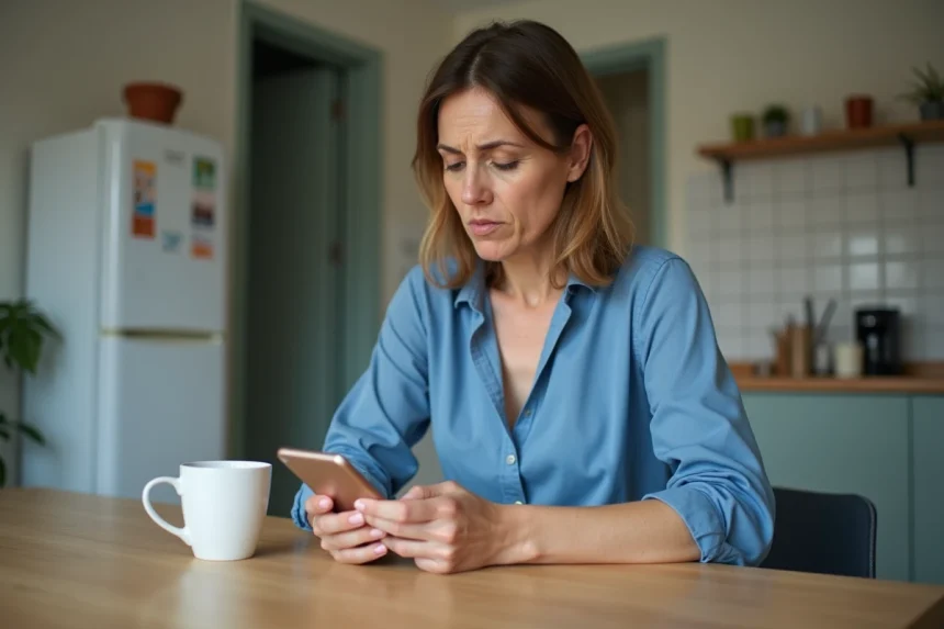 Femme dans la cuisine regarde son smartphone avec frustration