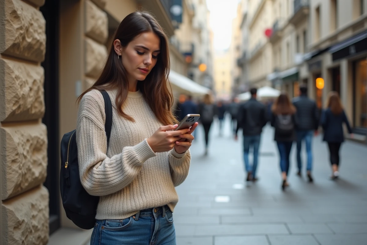 Jeune femme dans la rue utilisant son smartphone avec souci
