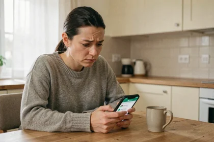 Femme consultant un sondage WhatsApp sur son téléphone avec une expression perplexe, assise dans une cuisine moderne