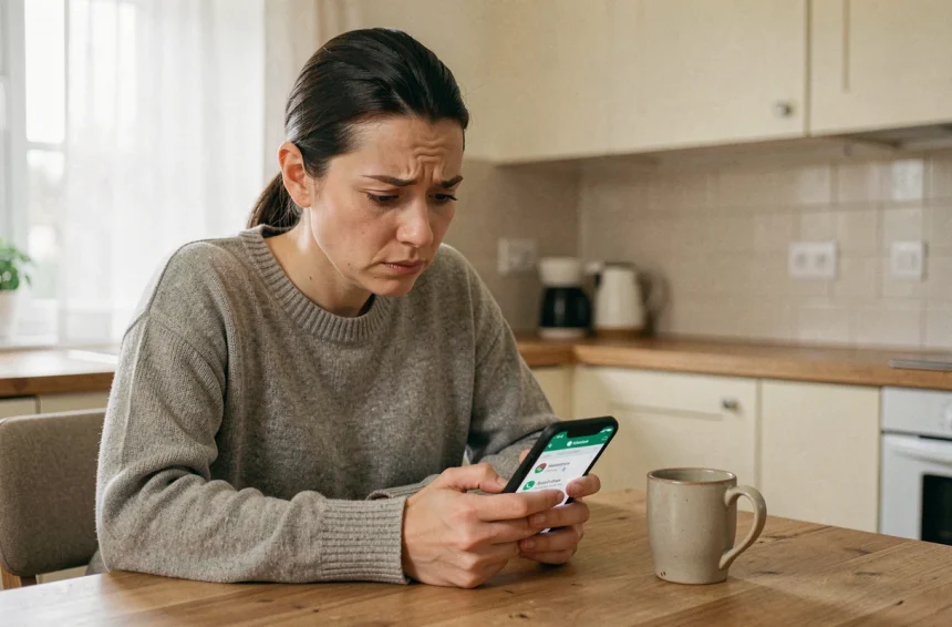 Femme consultant un sondage WhatsApp sur son téléphone avec une expression perplexe, assise dans une cuisine moderne