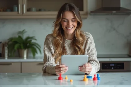 Jeune femme souriante avec tablette et jeu Monopoly