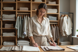 Femme touchant des échantillons de tissus dans une boutique chaleureuse