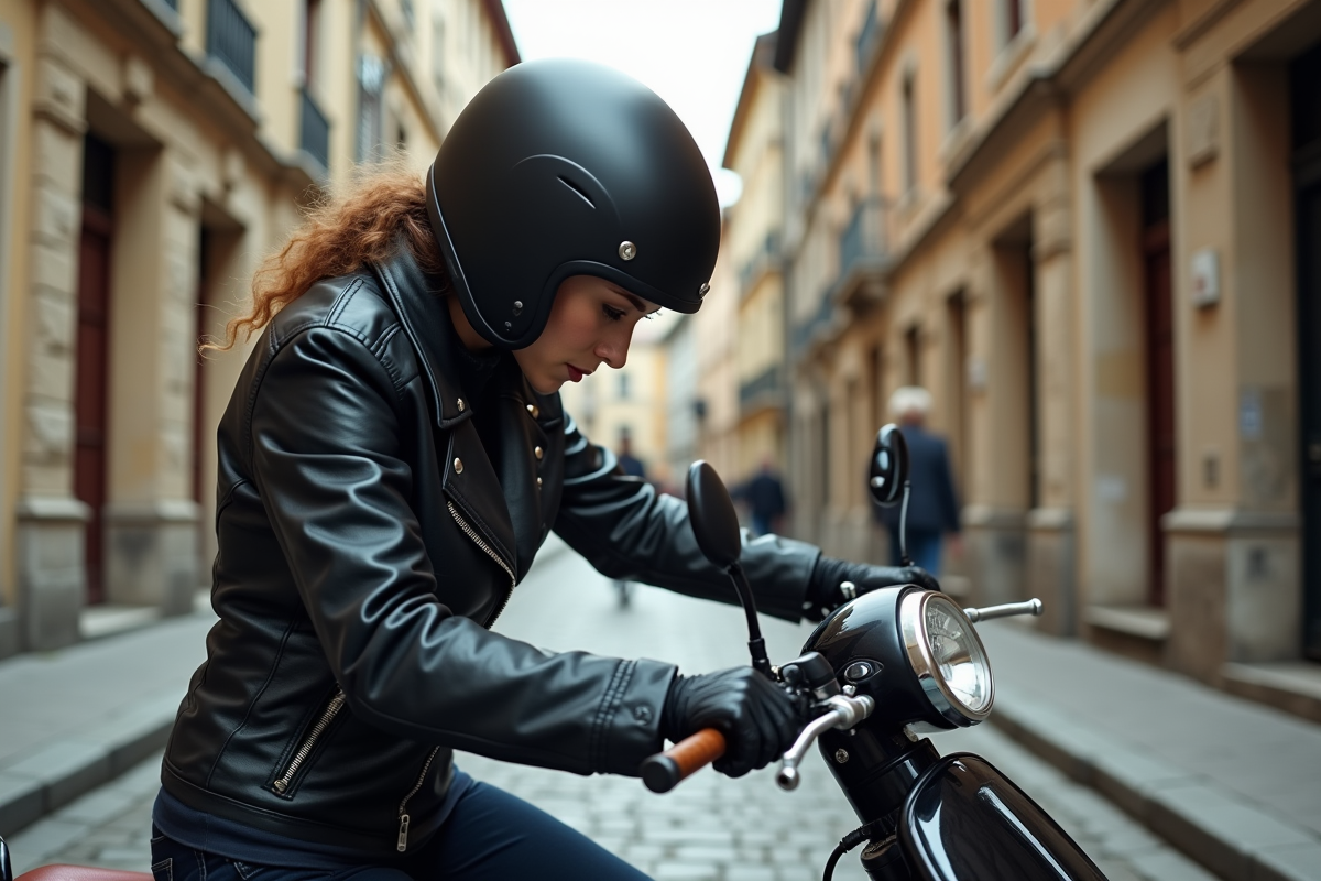 Femme vérifiant le tableau de bord de sa moto en ville