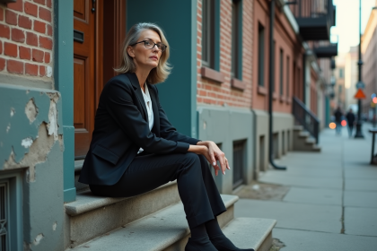 Femme d'affaires assise devant un immeuble urbain décrépi