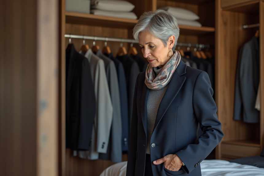 Femme élégante de 52 ans choisissant ses vêtements dans un dressing
