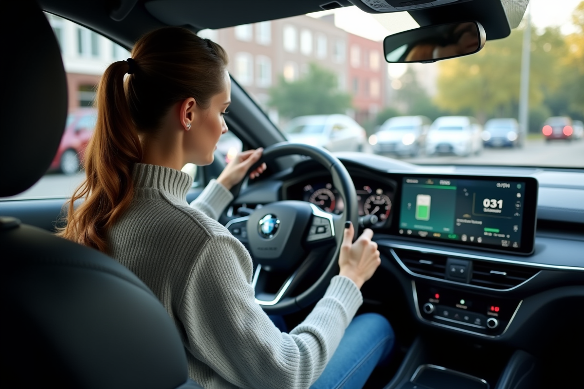 Femme de 40 ans utilisant le tableau de bord d
