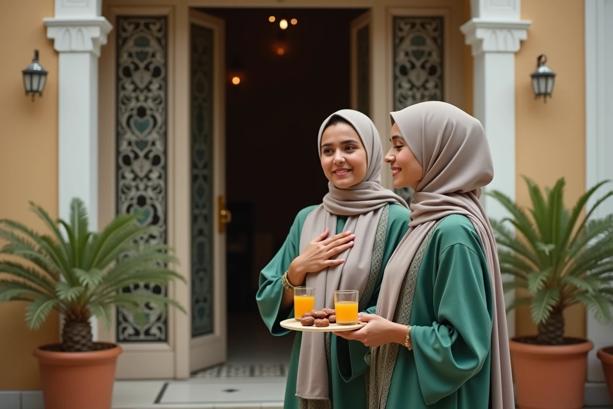 Deux jeunes femmes algériennes échangeant des vœux d'iftar à l'entrée d'une maison décorée