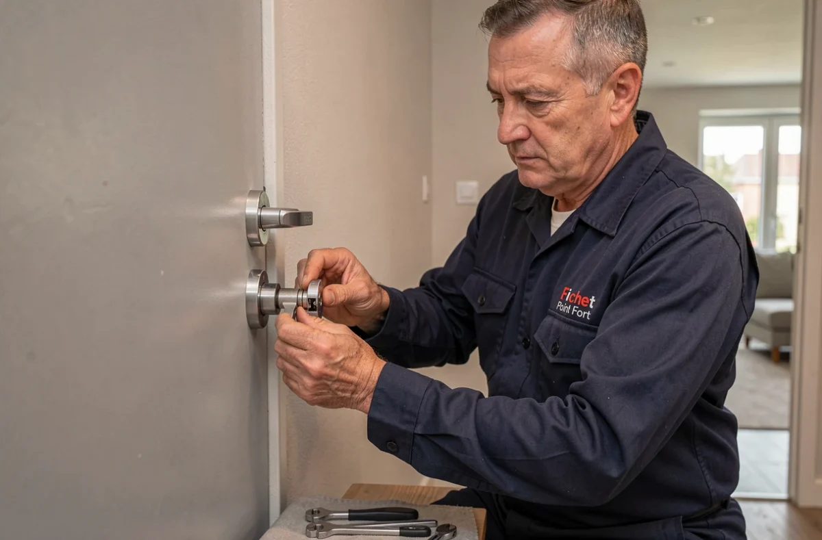 Technicien Fichet Point Fort Aulnay Serrurerie installant un cylindre haute sécurité certifié sur une porte renforcée