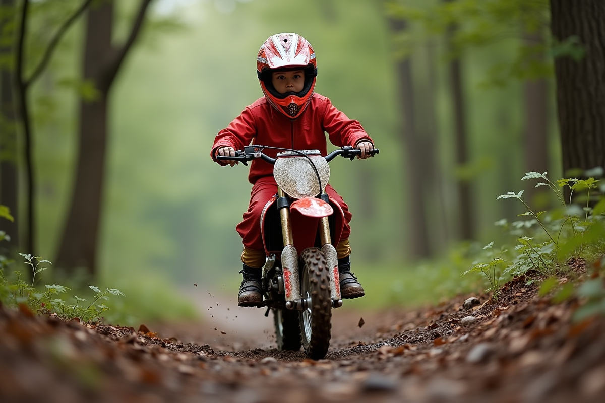 Jeune fille en équipement motocross roulant en forêt