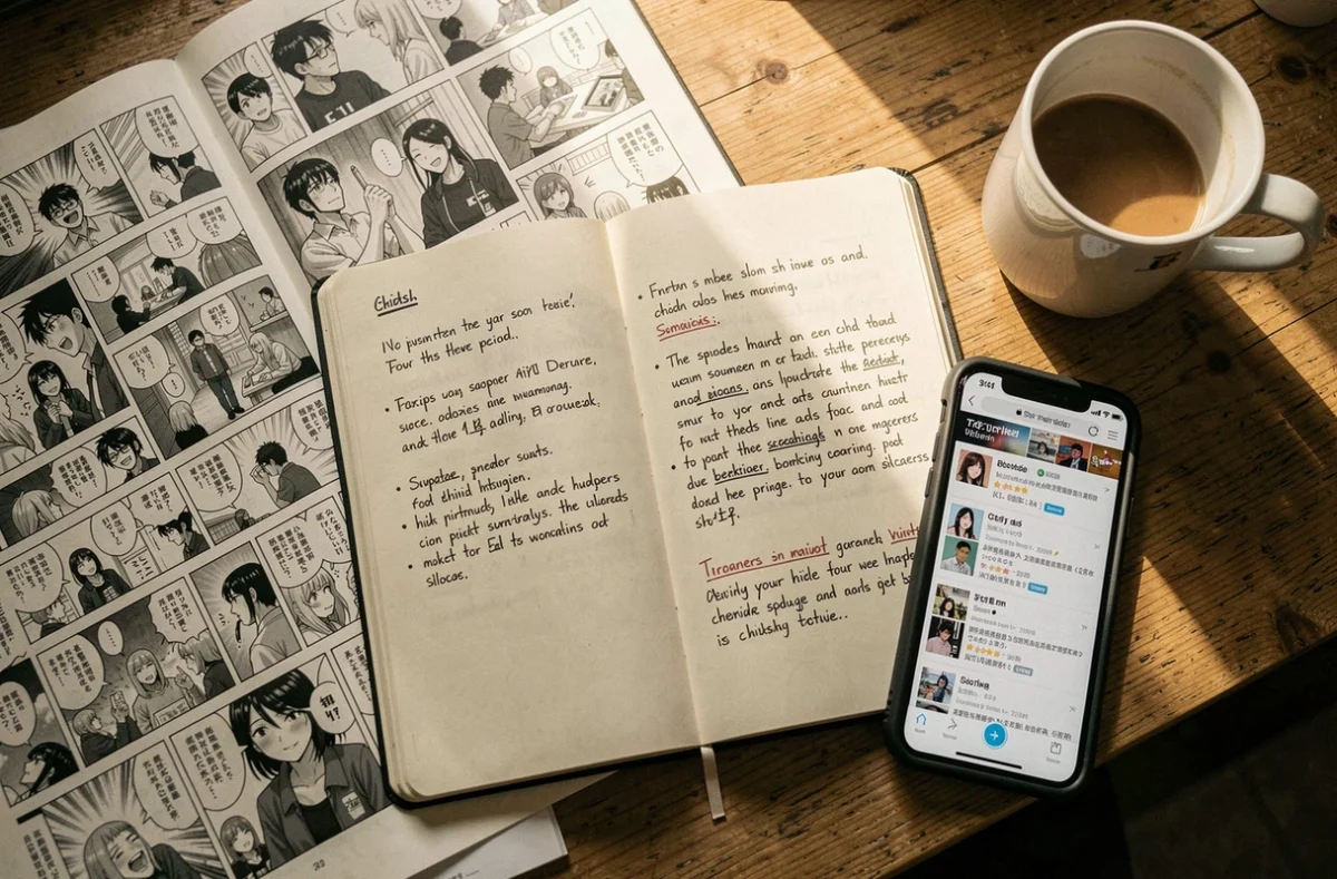 Flat-lay d'un bureau avec des résumés manuscrits de chapitres One Piece, un smartphone et des pages de scans imprimées