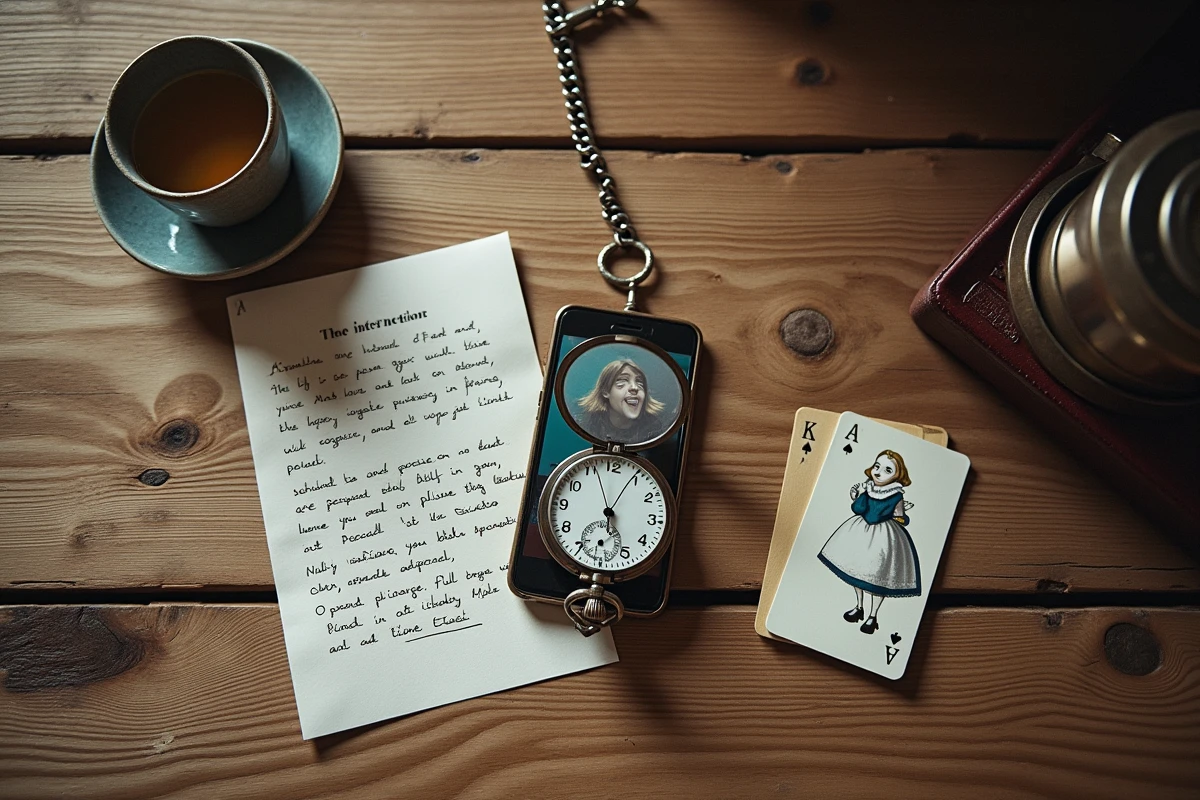 Composition à plat sur table en bois avec montre de gousset vintage, capture d'écran d'un mème Alice au Pays des merveilles et notes manuscrites sur la culture internet